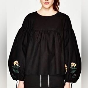 💕ZARA Black Popover BabyDoll Blouse w/ Accent Embroidered Flowers | Lg | EUC